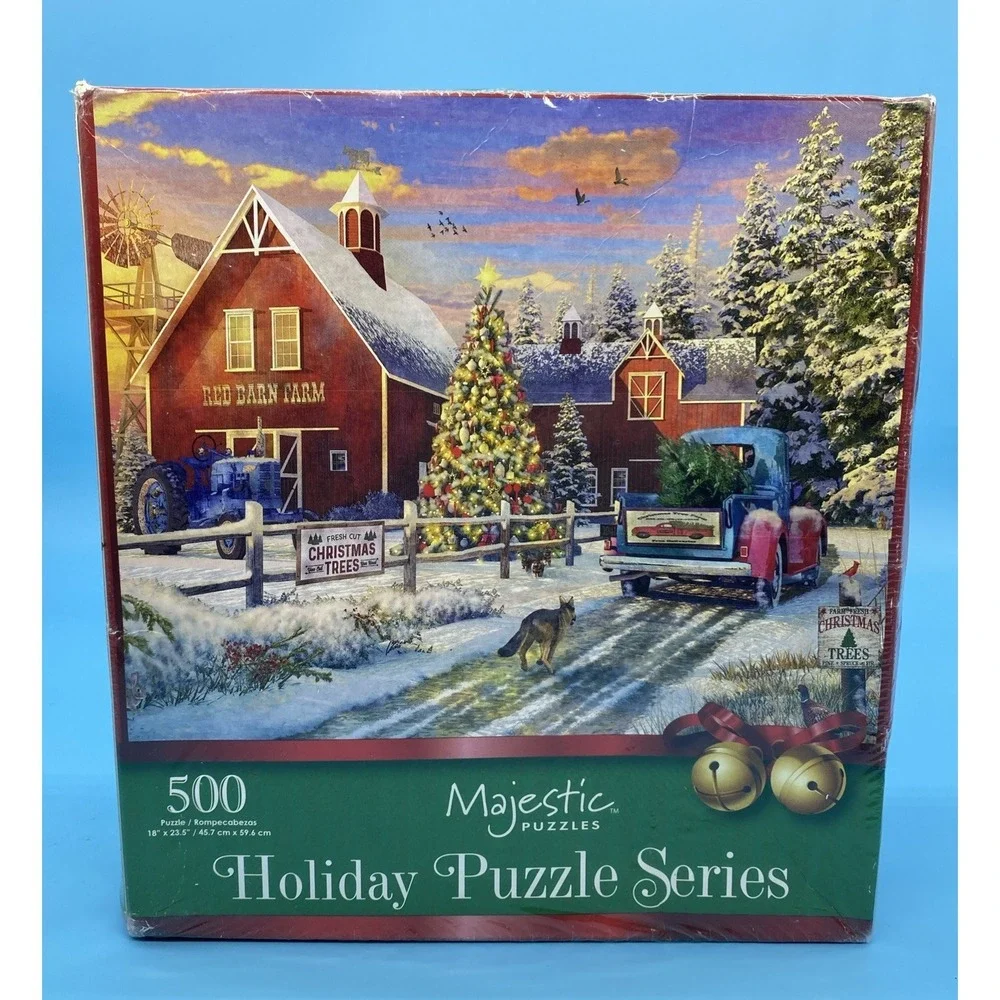 NEW Majestic Puzzles Holiday Puzzle Series Red Barn Tree Farm 500 Pc Puzzle
